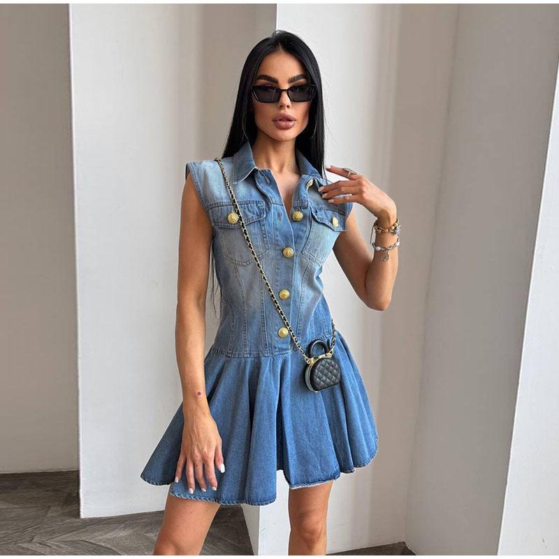 

Женское джинсовое платье с лацканом на металлической пряжке, без рукавов, с джинсовой юбкой-зонтиком, летний новый стиль, универсальный повседневный стиль, женское короткое платье M синий
