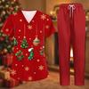 Women's Uniform Set with Short Sleeve Christmas Print Top and Pants, Two-Piece Caregiver