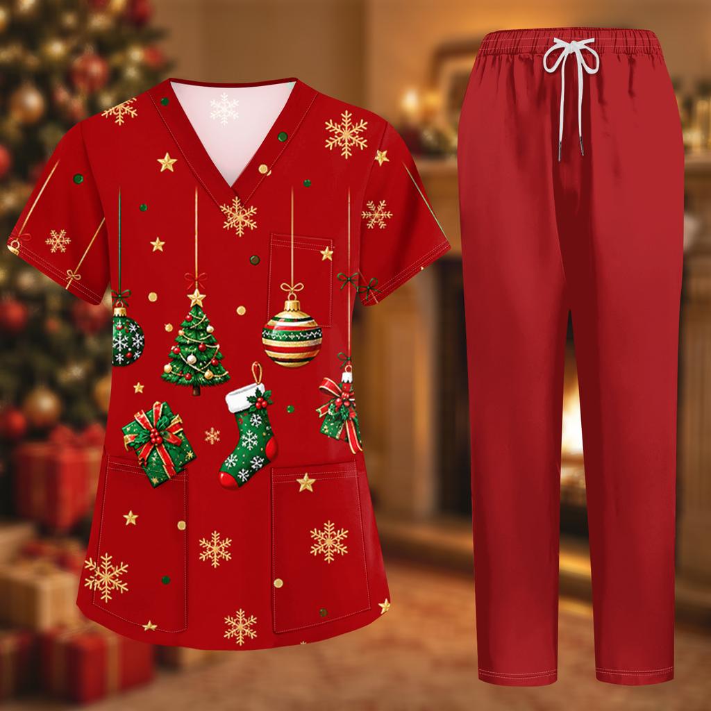 Women's Uniform Set with Short Sleeve Christmas Print Top and Pants, Two-Piece Caregiver