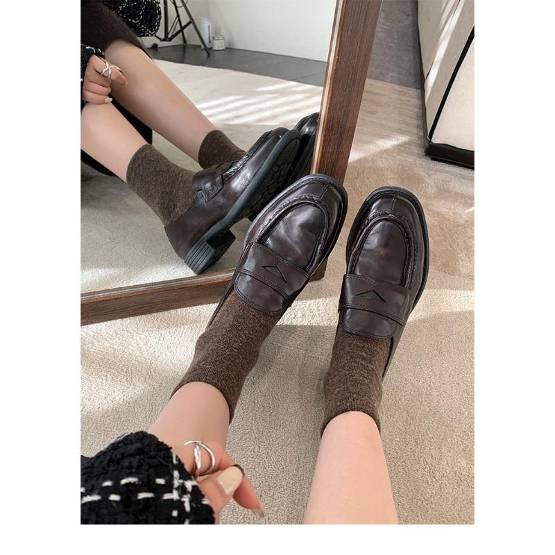 Sheepskin Version~ Genuine Leather Round Head Thick Heel Thick Sole Women's Small Leather Shoes Single Shoes One Pedal Lazy Shoes