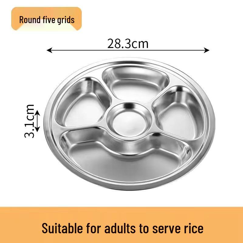 304 Stainless Steel Three-Compartment Lunch Tray for Kids - Round Meal Plate for Kindergarten, Students, and Babies