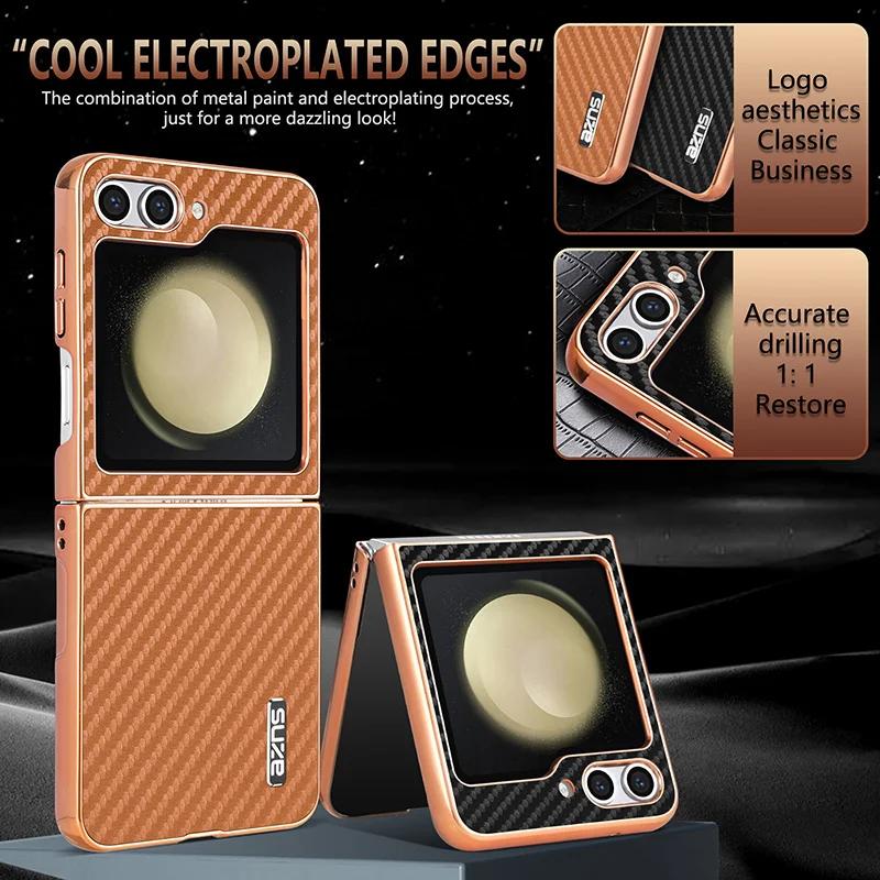 Z Flip7 FE Carbon Fiber Pattern Phone Case for Samsung Galaxy Z Flip 7 6 5 4 3 5G Electroplated Frame Back Cover Coque Etui