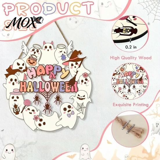 Scary Party Supplies Halloween Wooden Wreath Door Hanger Sign, Pumpkin Ghost Black Cat Witch Rustic Wall Art Bat Patterns, Hanging Plaque for