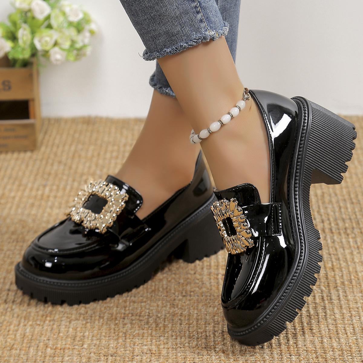 

Модная женская обувь с нескользящей отделкой из страз весна-осень 2024 г. Новая однотонная женская обувь с круглым носком и квадратным каблуком большого размера 42 чёрный