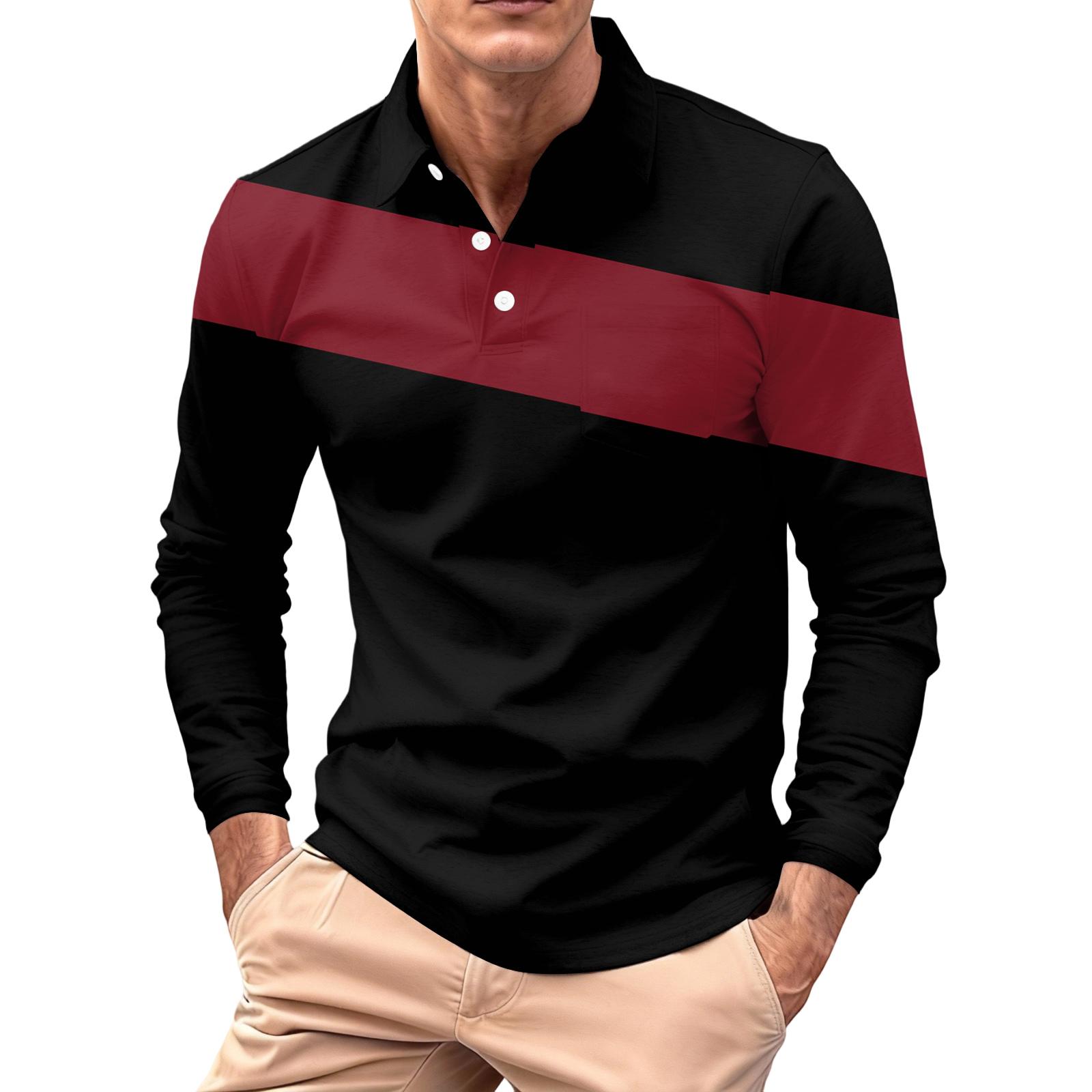 

Men s Long-sleeved Collared Button-down Pocket Casual Top XL червоний