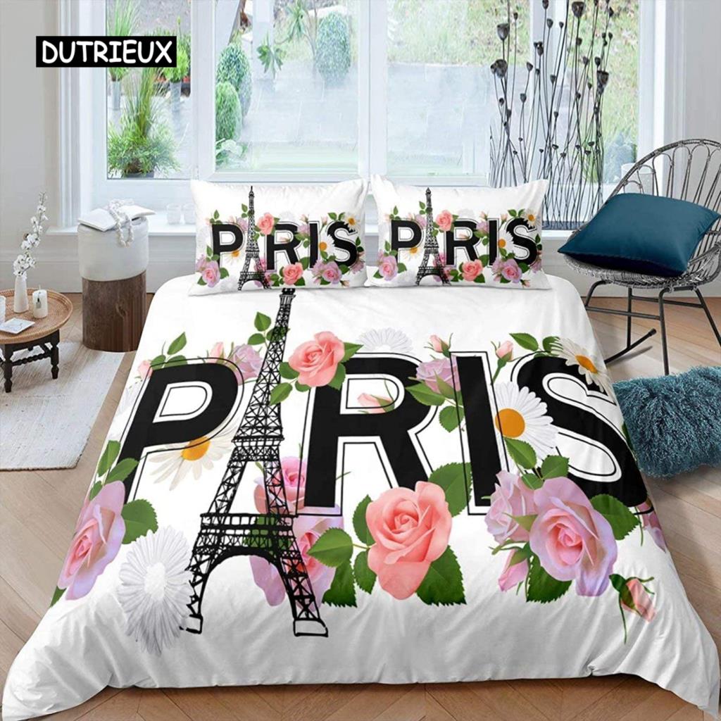 Paris Duvet Cover Set Polyester Paris Theme White Pink Stripe World-Famous Architecture Creativity Double Queen King Quilt Cover