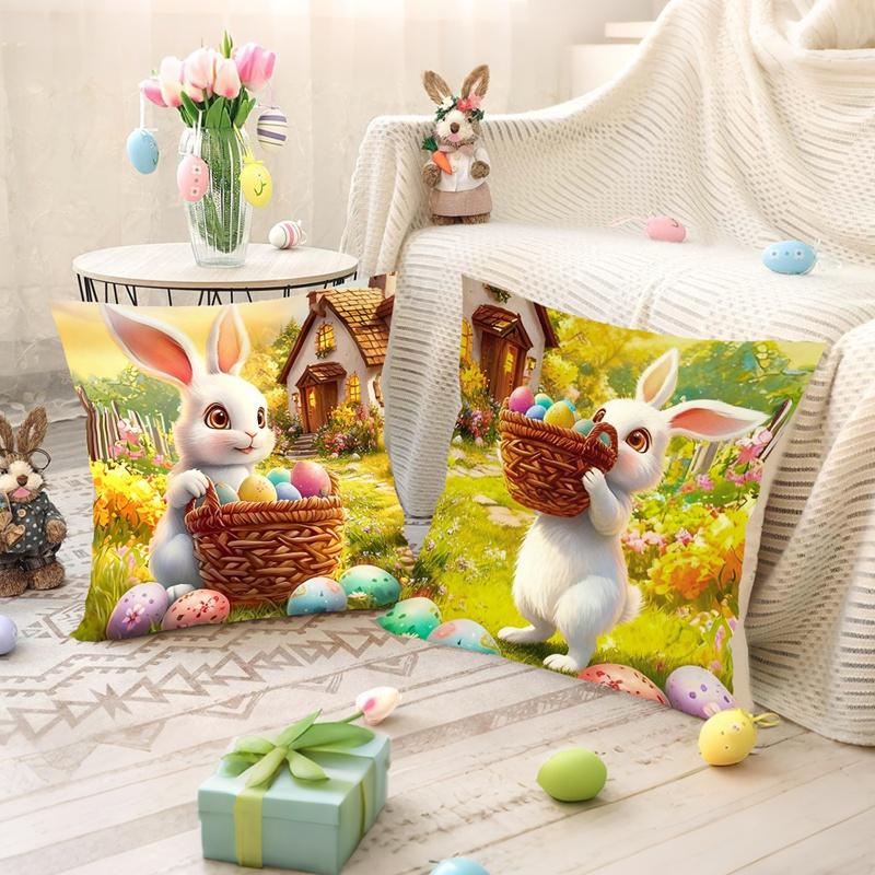 Easter Decoration Throw Pillow Covers Golden Spring Floral Bunny Eggs Holiday Decorative Pillowcases for Sofa Couch Home Decor
