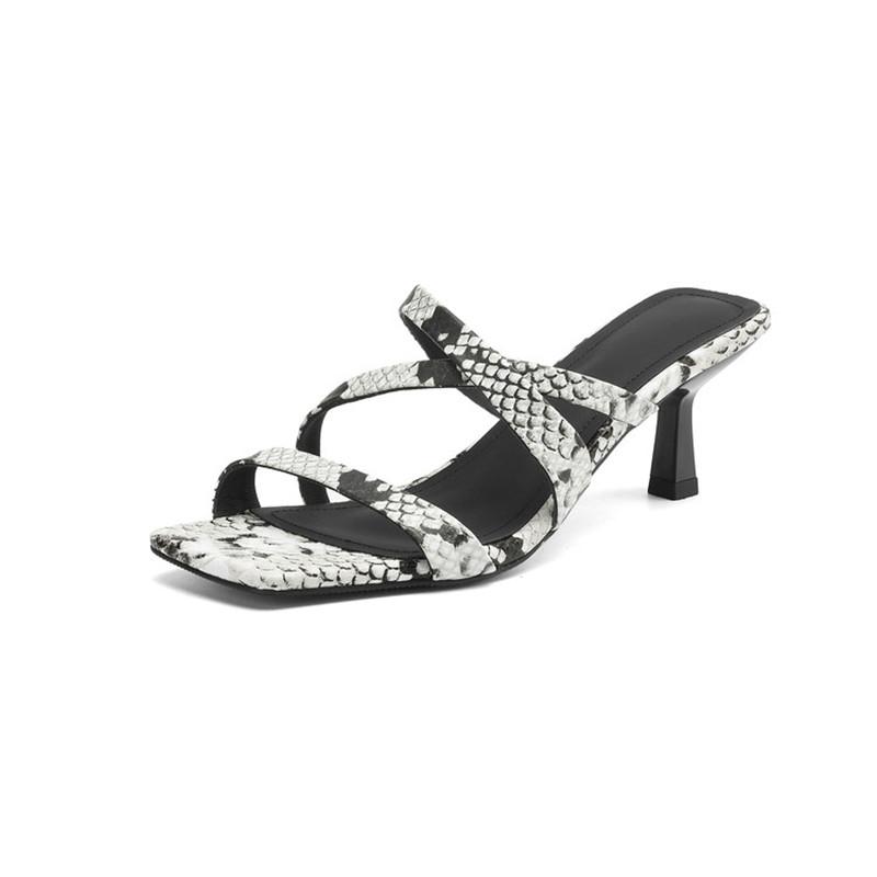 Mode Neue Sommer Hausschuhe Echtes Leder Hausschuhe für Damen Mode Serpentin Quadratische Zehenpartie Damenschuhe Hohe Absätze Hausschuhe Sandalen