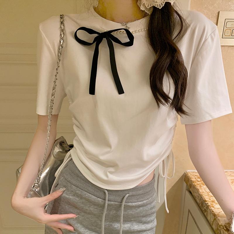 Beaded Bow Straight Shoulder Short-sleeved T-shirt for Women's New Pleated Waist-hugging Slim Short Top