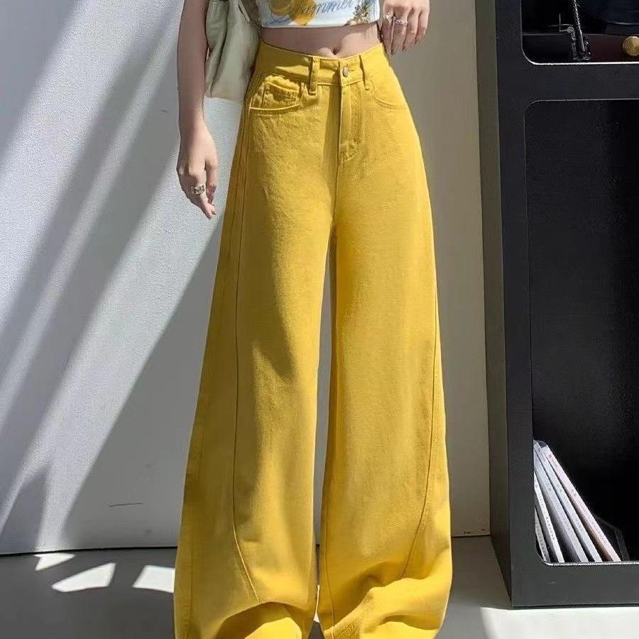High Street Women's High-Waisted Yellow Wide-Leg Jeans - 2026 Summer Casual Hip-Covering Scythe Pants