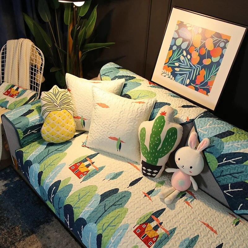 Four Season Universal Cartoon White Non-slip Sofa Covers for Living Room Cushion Couch Embroidery Soft Fabric