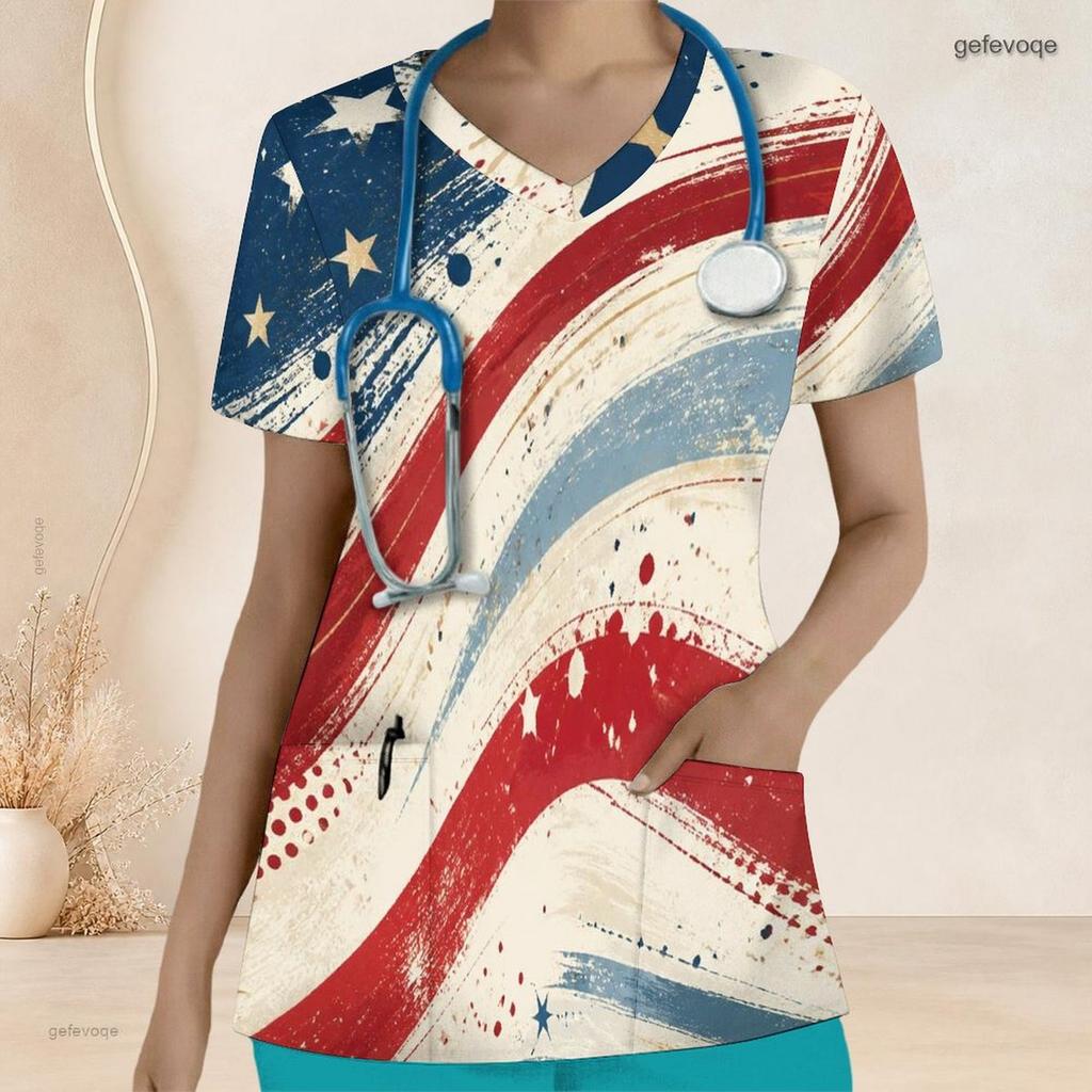 Women Plus Size V Neck Short Sleeve American Flag Printed Nurse Scrub Top With Front Pockets