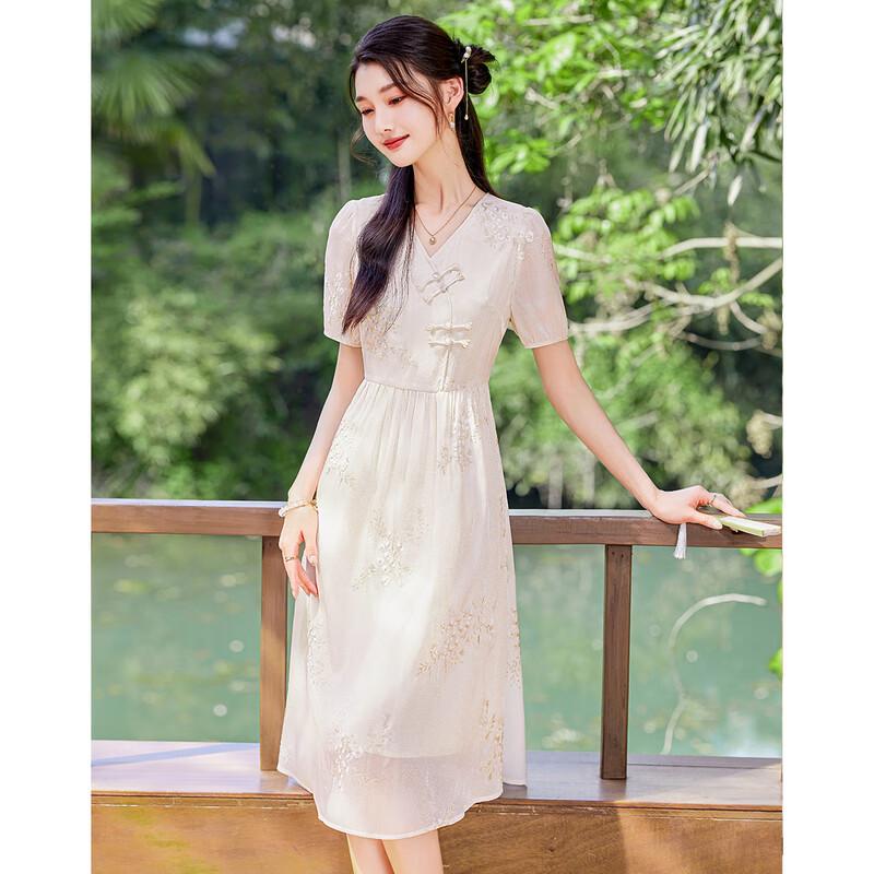 Sishui Nianhua Women's Elegant Short-Sleeve Midi Dress