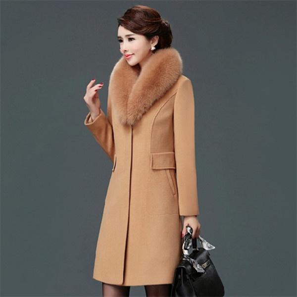 Stor pelsfarge Dame Ullfrakk Svart Lang Trench Coat-jakke Slank ullblandingsjakke Elegant fritidsjakke Vintage gotisk jakke