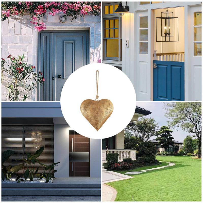 Metal Heart Bell with Hanging Rope Wall Decor Heart Shaped Iron Ornament Golden Antique Heart Bell Home Decor Accessories
