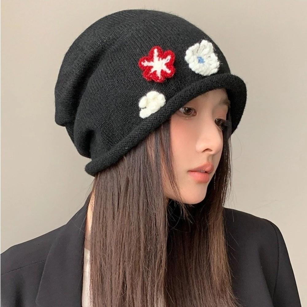 Flower Design Knitted Bucket Hat Korean Style Beanie Hat Sweet Warm Cap  Winter