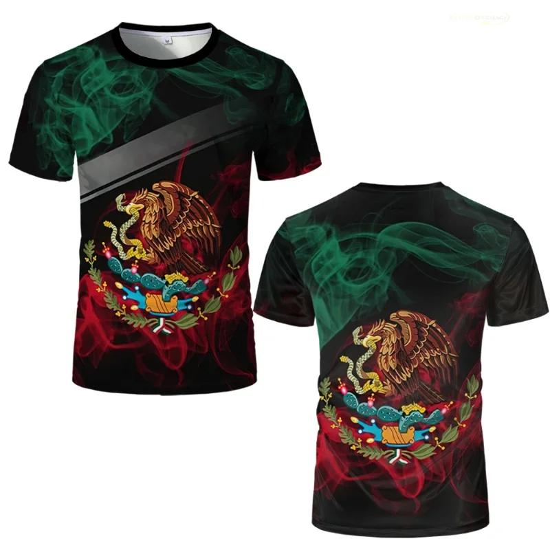 Mexican Flag National Emblem 3D Printed T-shirts Street Wear Oversized Round Neck Short-sleeved Men's T-shirts