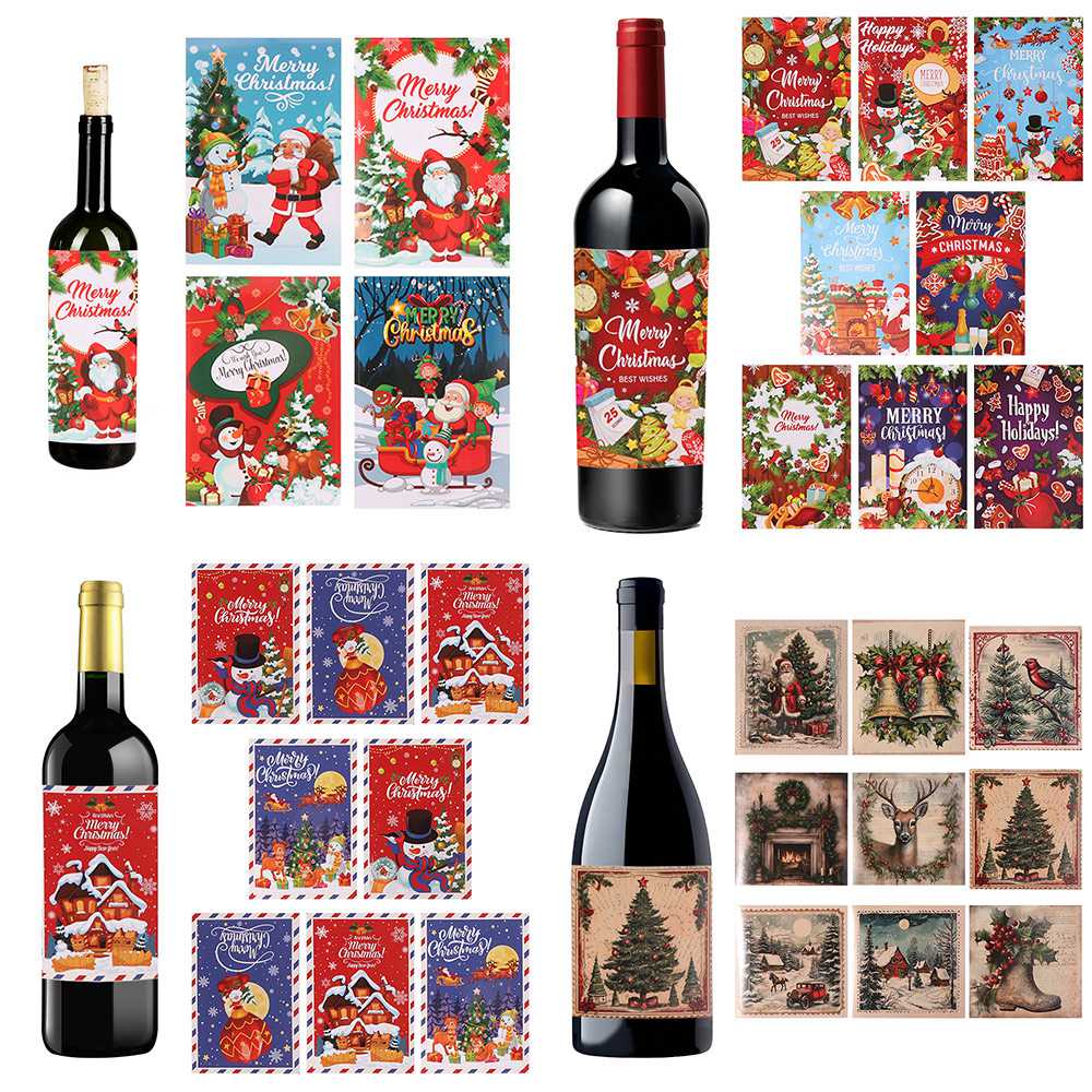 Santa Claus Xmas Tree Red Wine Bottle Paper Label DIY Wine Bottle Cover Bar