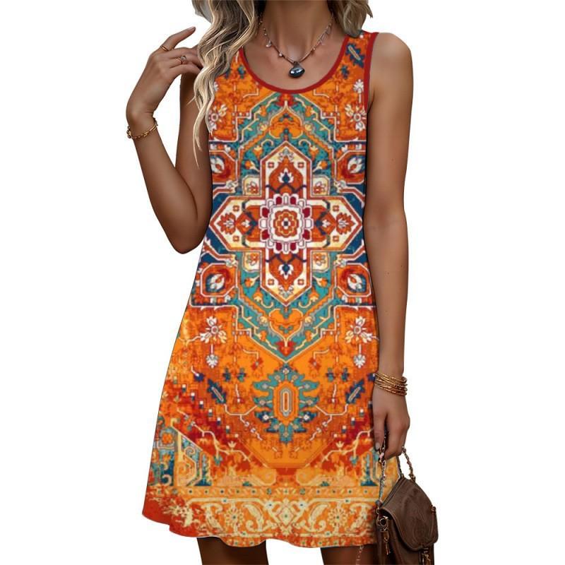 Summer Women's Fashionable Sleeveless Vest Dress Colorful Retro 3D Printing Casual Vacation Versatile Mini Dress