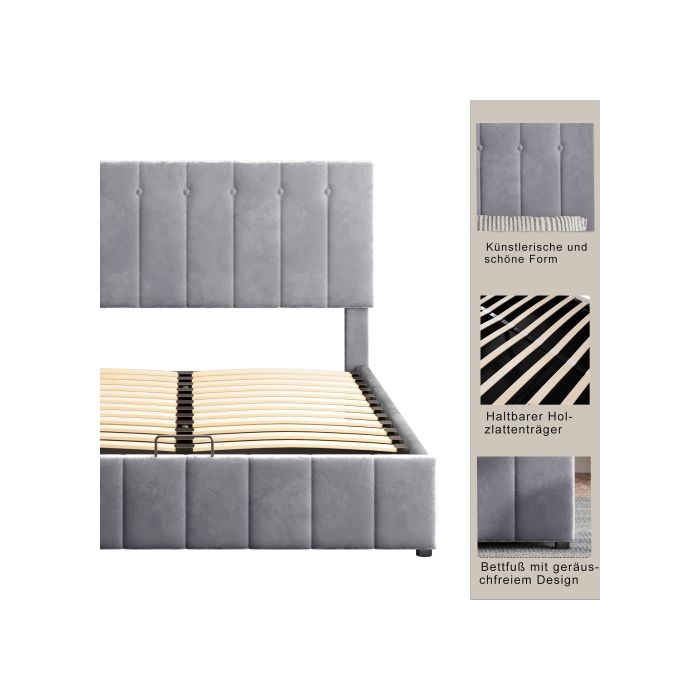 Lit Double Avec Rangement - MUVOE - 140x200 Cm - Tête De Lit Rembourrée - Pliant Hydraulique - Gris