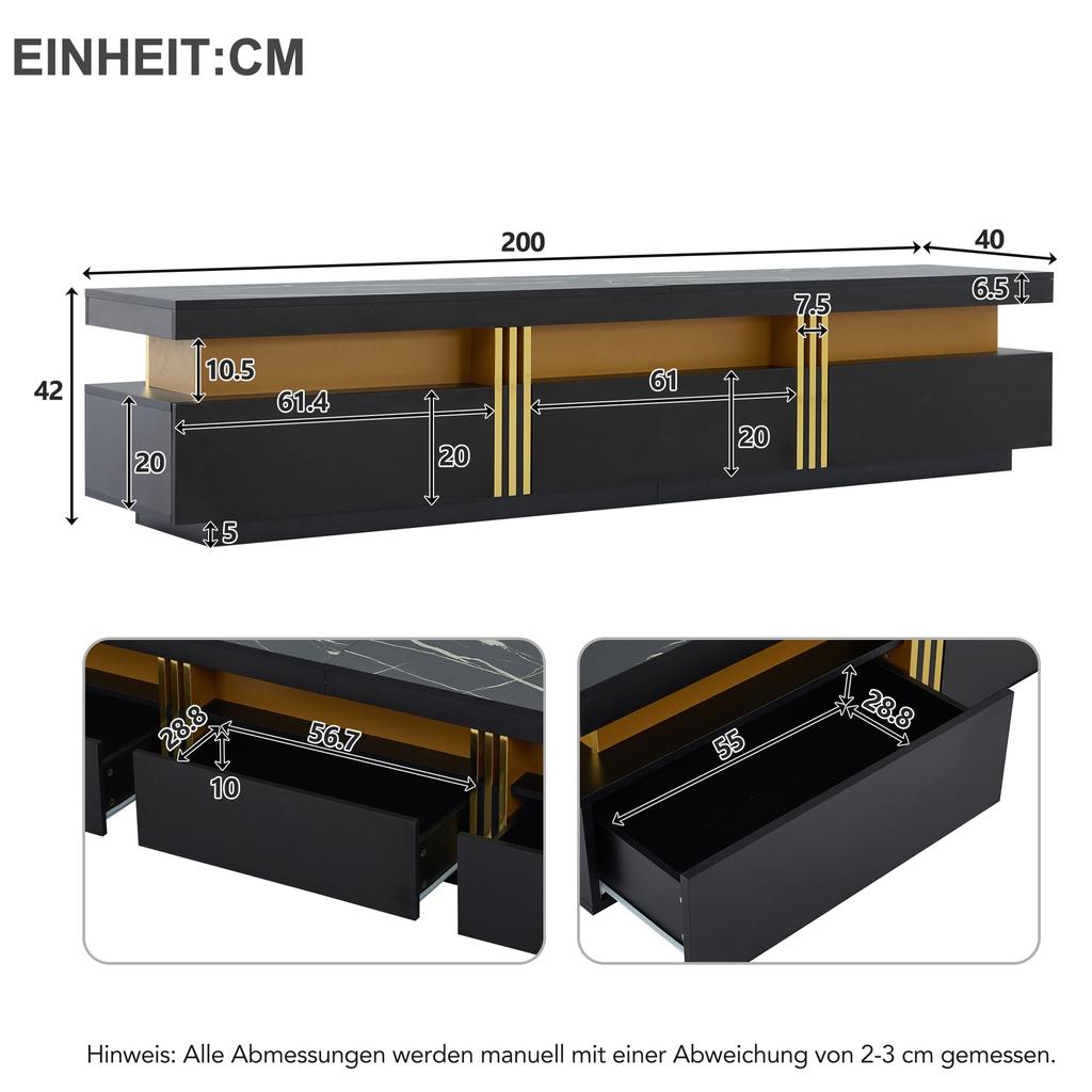 TV-Schrank TV Board drei Schublade, TV-ständer Fernseher bis zu 90 Zoll, Fernsehtisch Wohnzimmer, Esszimmer, Schlafzimmer, Ink. 200cm, Schwarz