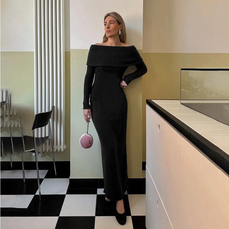 Off Shoulder Casual Dress Knitwear Maxi Dress Female Slim Elegant Fashion Autumn 2025 Ribbed Knit Dress For Women Long Dress