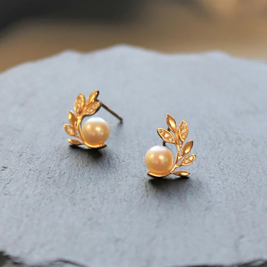 Leaf Branch Design Pearl Stud Earrings Delicate Sparkling Elegant Women Jewelry