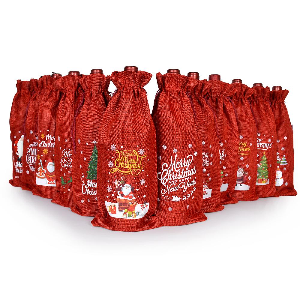 3/6pcs Christmas Wine Bottle Gift Bags Cover with Drawstring Burlap Linen Wine Gift Bags for Xmas Party Decorations