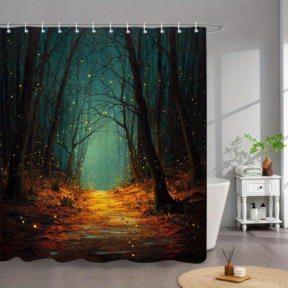 1Pc Magical Night Forest Bathroom Curtain - Enchanted Woodland Shower Curtain With Glowing Firefly Path, Teal Mist,