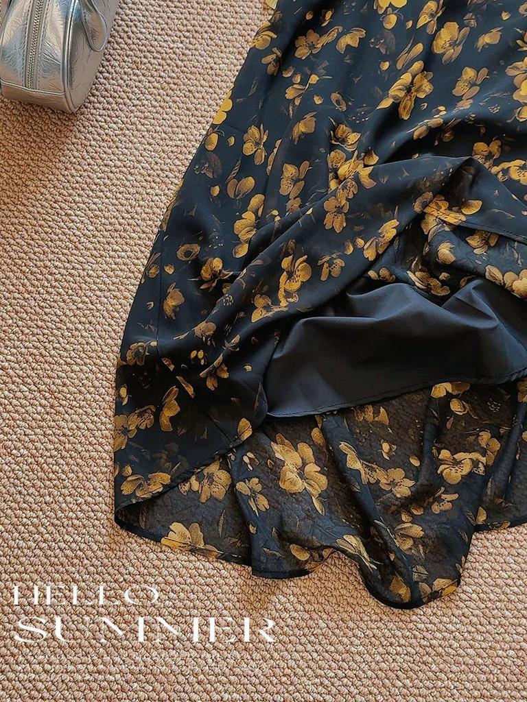 Retro Floral Slimming Fishtail Midi Skirt - Elegant Chiffon Hip-Hugging Design