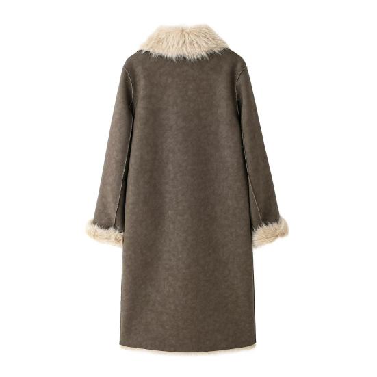 Faux Fur Long Trench Coat for Women Reversible Fuzzy Fleece Sherpa Lined Jackets Winter Furry Trimmed Casual Overcoat