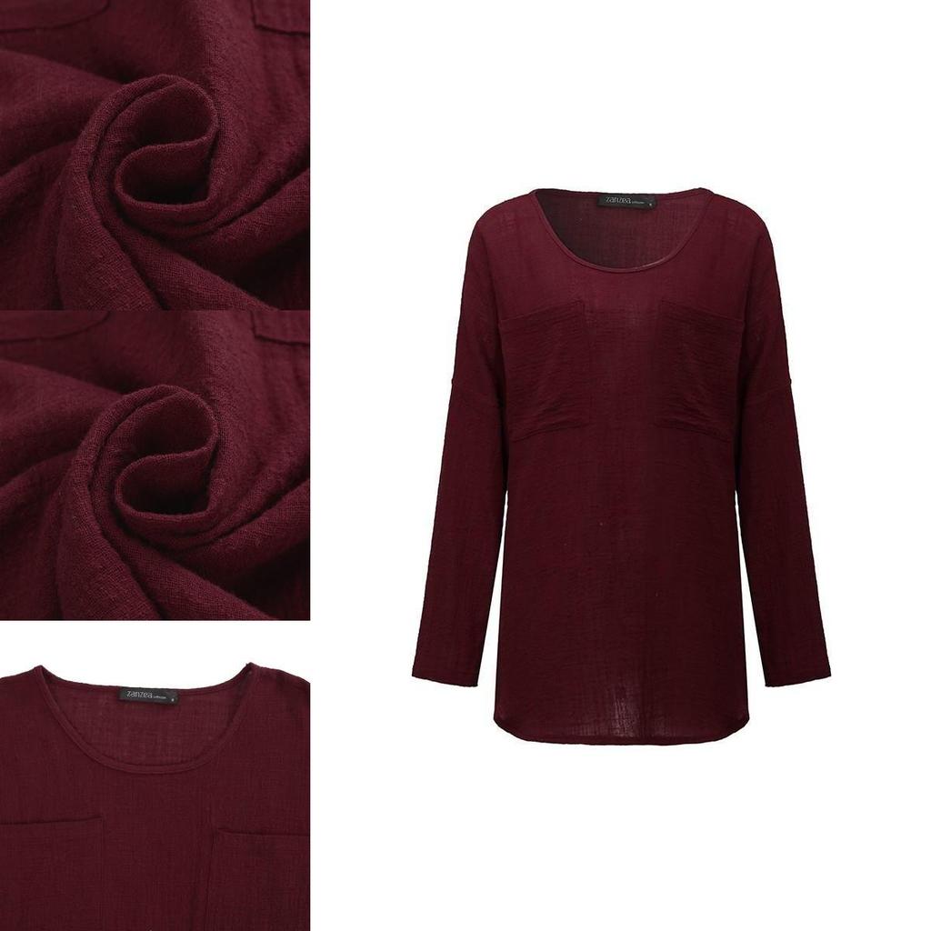 Camicetta da Donna Oversize in Cotone e Lino a Manica Lunga con Vestibilità Casual e Tasche Frontali