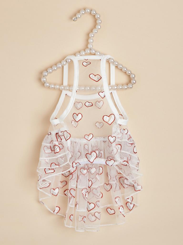 Pet Tulle Dress with Glitter Heart Prints, Layered Ruffles, Transparent Dog Dresses for Princess Girl Puppy Doggy Cat Kitten
