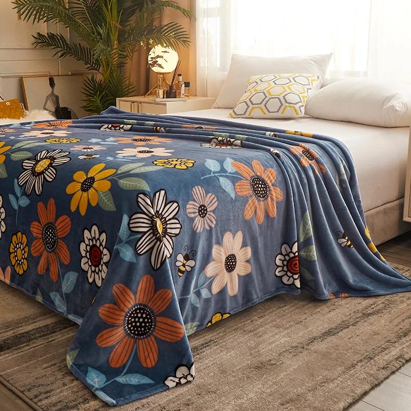 Flower Blanket for Sofa Reactive Printed Thin Blanket for Beds Single/Queen/King Coral Fleece Flannel Blanket Soft Warm Plaids
