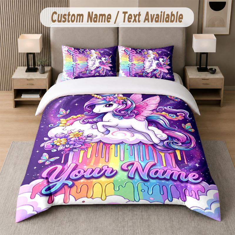 Unicorn Theme Custom Text Or Name 3Pcs Bedding Set 1 Flat Sheet & 2 Pillowcases Personalized Home Bedding