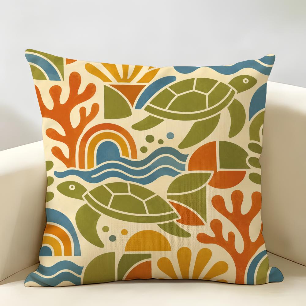 Sea Turtles Coastal Pattern Cushion Cover Durable Hypoallergenic Organic Linen Short Pillow Cover Washable
