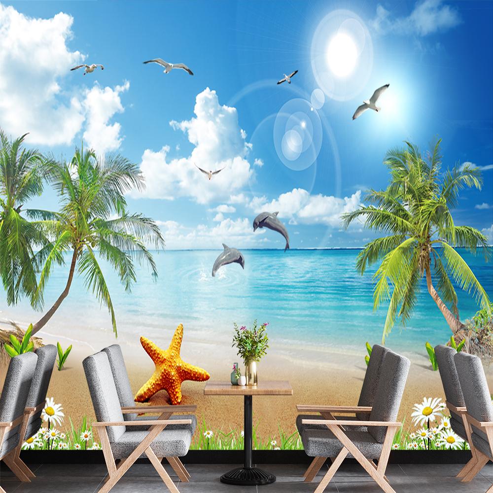 Strandlandschaft Wandbild Blauer Himmel Weiße Wolken Möwe Delfin Wandbild Kokospalme Tapete Wohnzimmer Schlafzimmer Heimdeko