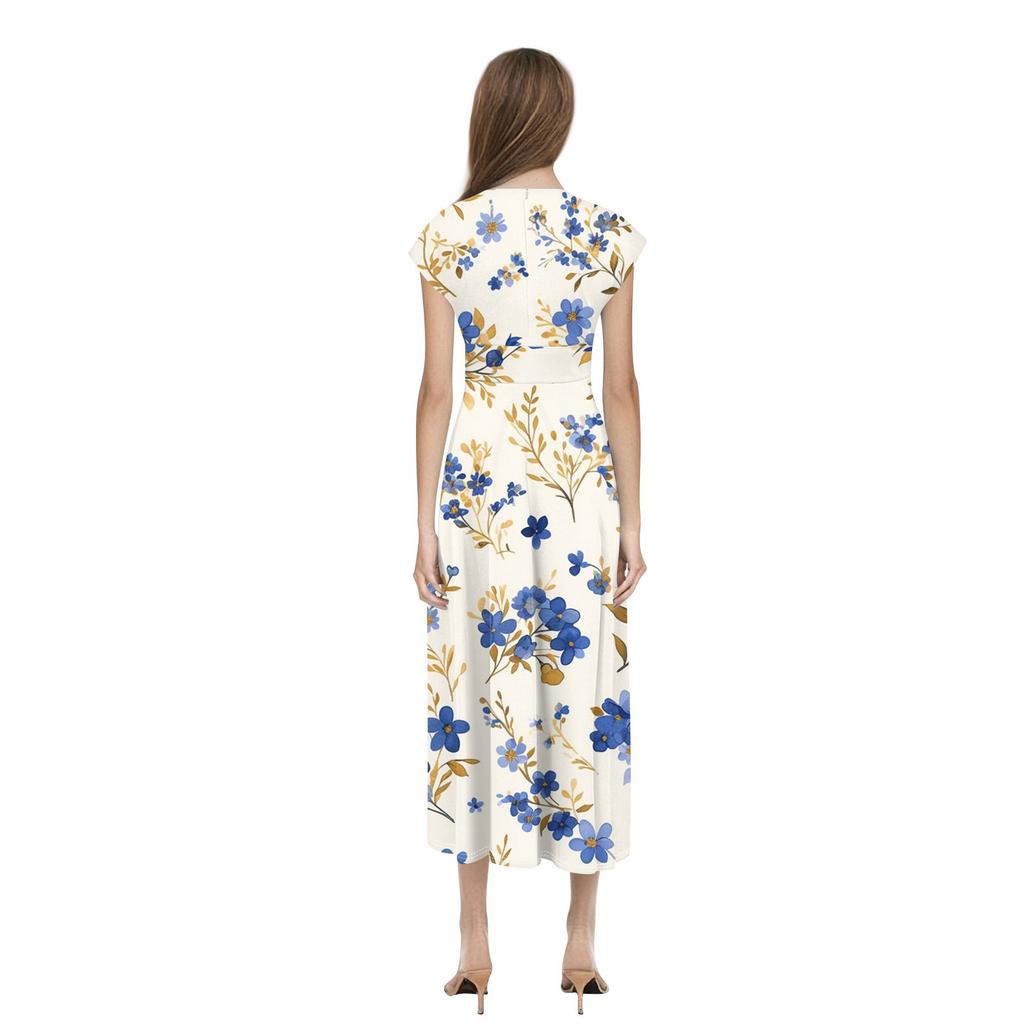 Women's Long Casual Dress Summer Short-Sleeve V-Neck Waist Retraction Printed Dress