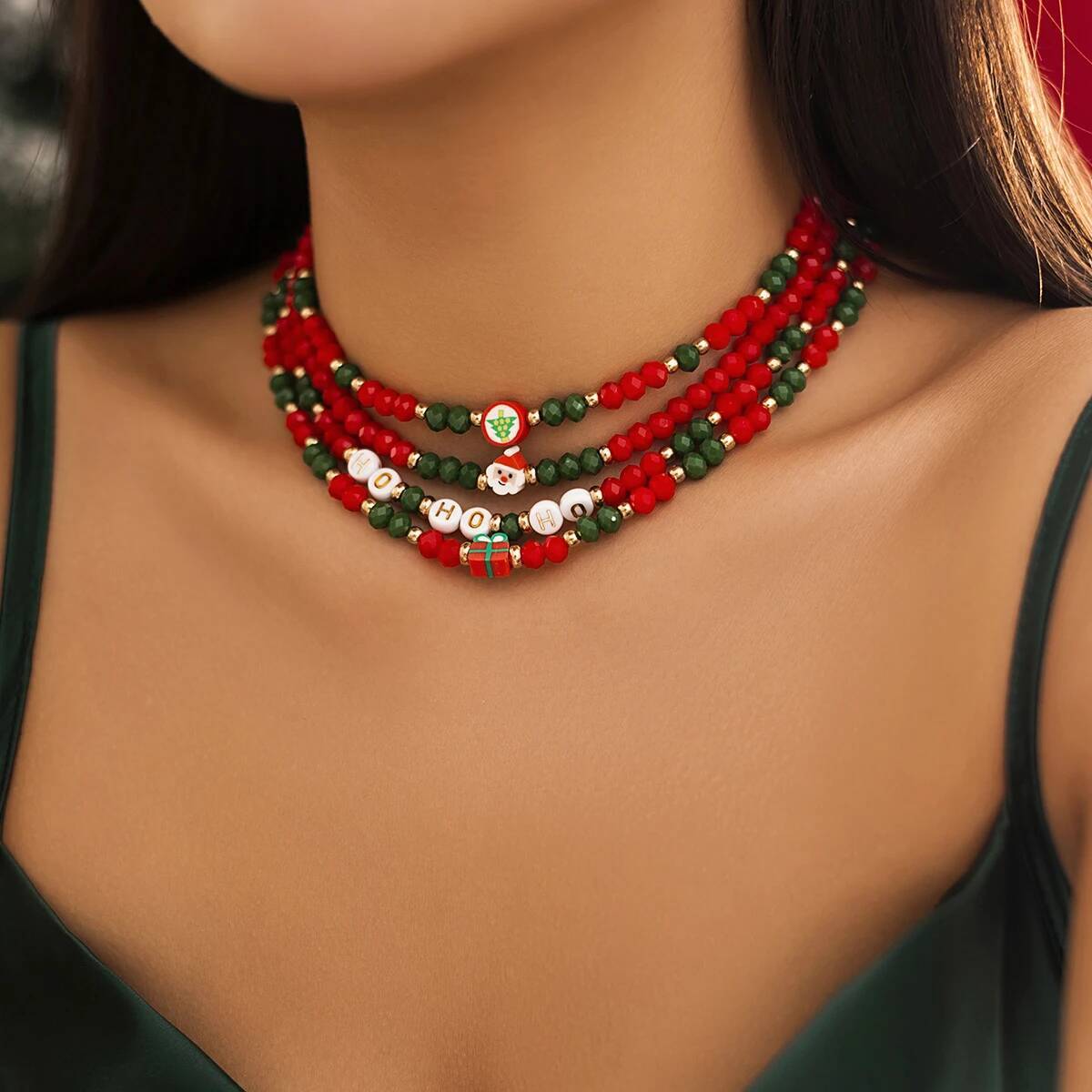 Salircon 4Pcs/Set Creative Christmas Santa Claus Choker Necklace for Women Exquisite Red Crystal Sweater Chain Jewelry  Gift