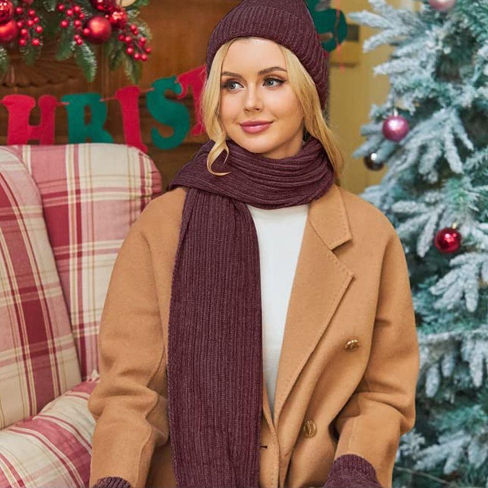 Soft Hat Scarf Gloves Set Solid Color Winter Cable Beanie Hat Knitted Cap for 3Pcs/Set Men