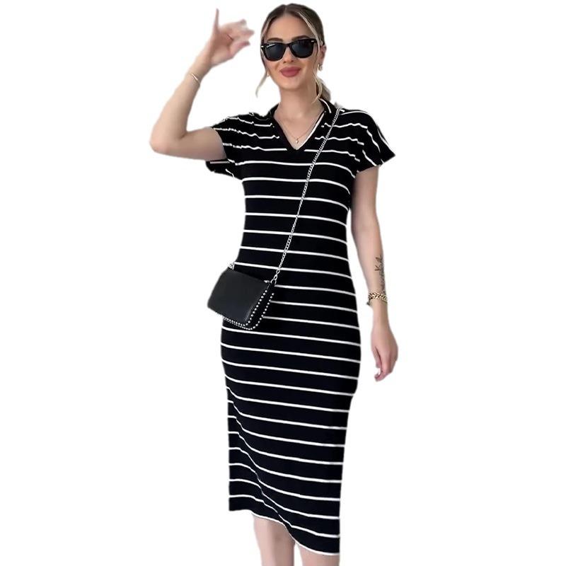 2024 Summer Women's V-Neck Fashion Striped Slim-Fit Slit Dress