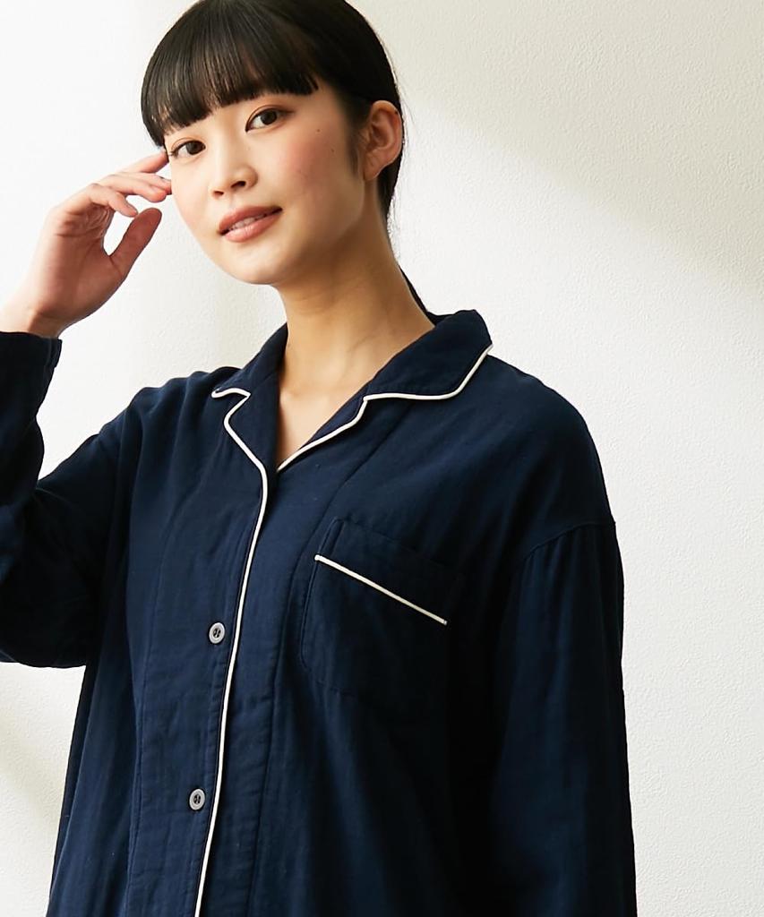 Nissen Pajama and Loungewear Cotton Gauze Pajamas with Collar and Front Size LL Set, Triple-Layer 100% Opening, Greige,