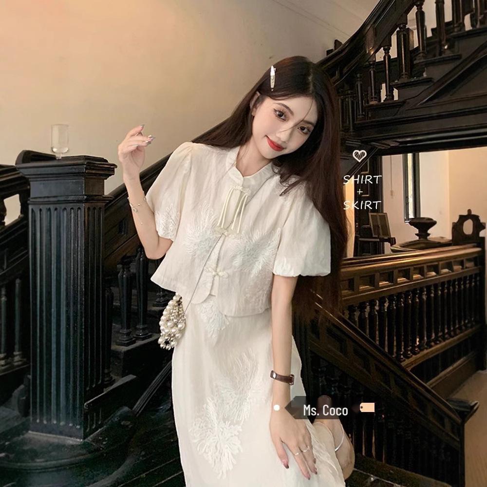 Early Spring & Summer Tea-Colored French Retro Chinese-Style Dress Set