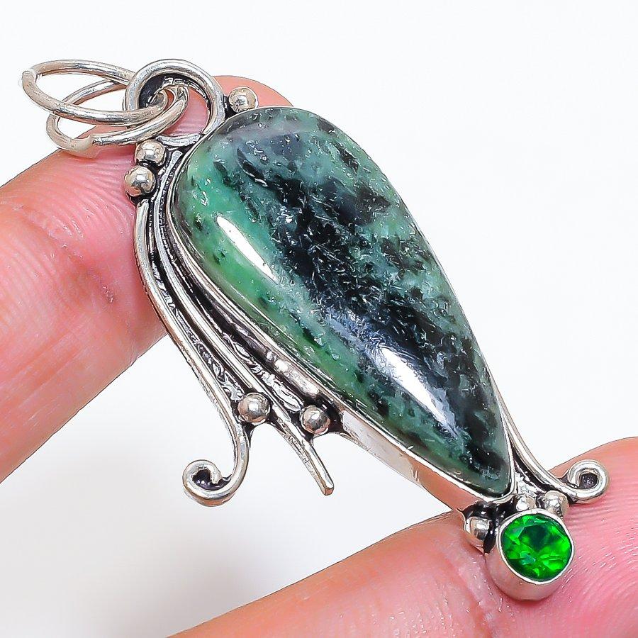 Natural Ruby Zosite, Peridot 925 Sterling Silver Jewelry Pendant 2.29" ZS-702