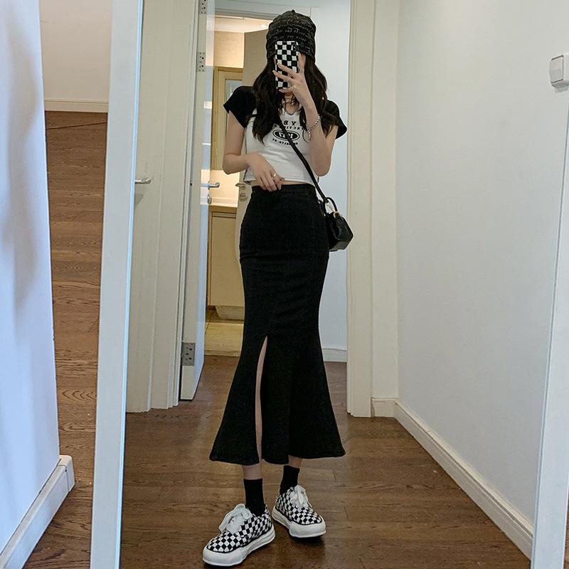 Elegant Woman Large Size Fishtail Skirt Thin Summer High Waist Ruffled Open Fork Package Hip Female Versatile Comfortable Fashion Denim Bustier Skirt
