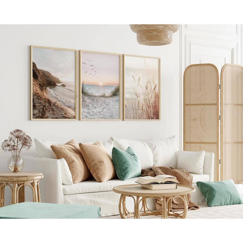 Set di Quadri su Tela Boho Beach, Stampe Costiere Morbide al Tramonto, Decorazioni Neutre con Oceano e Erba della Pampa, Regali Perfetti per l'Inaugurazione della Casa, Estivi