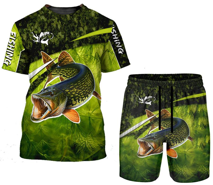 New Men's Short Sleeve Shorts Set Fashion 3D Digital Fish Printing Men's Beach Casual Set