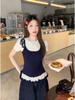Contrast Stitch Bow Ribbon Suspender Mock Two-Piece T-Shirt with Ruffled Edges