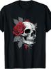 1PC Rose Skeleton Skull Hand Red Flower Rose T-Shirt,Casual Attire, Machine Washable Tee