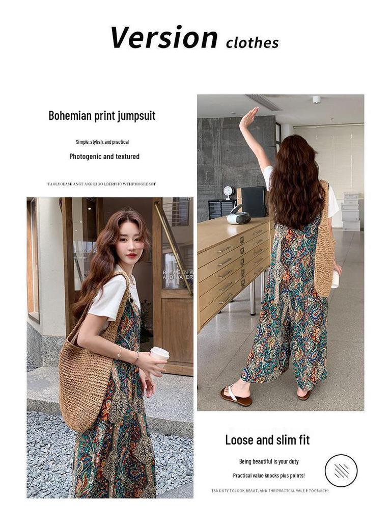 Retro Bohemian Patchwork Wide-Leg Jumpsuit for Women - Strappy, Casual, and Versatile Summer Style